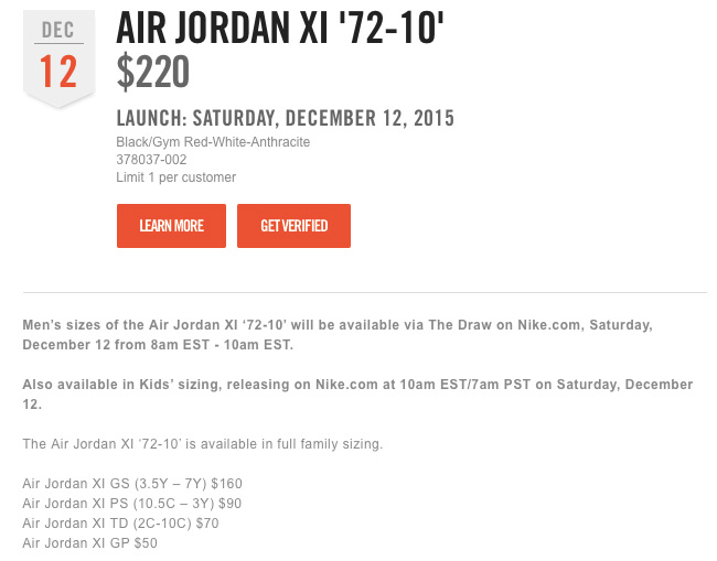 378037-002,AJ11,Air Jordan 11 378037-002AJ11大魔王 海外发售提前！Air Jordan 11 “72-10” 本周开始抽签