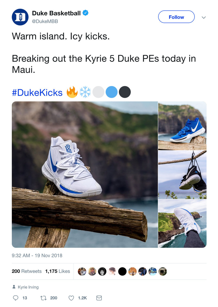 Duke,Kyrie 5,Nike  杜克蓝魔「地狱之火」Kyrie 5 PE 来了！想买？没戏…
