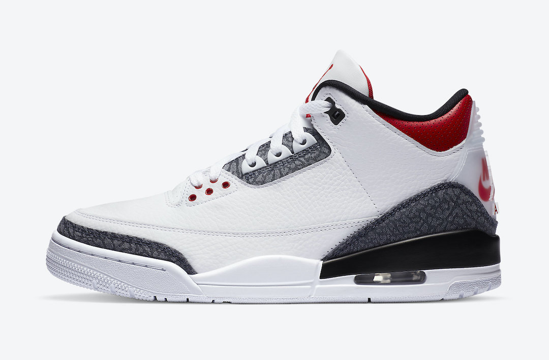 fire red denim 3s on feet