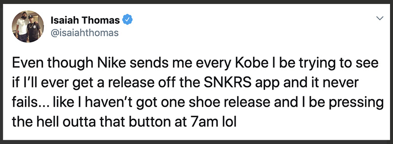 SNKRS,小托马斯  NBA 球星吐槽：就算把屏幕按爆， SNKRS 也没抢到一双鞋！