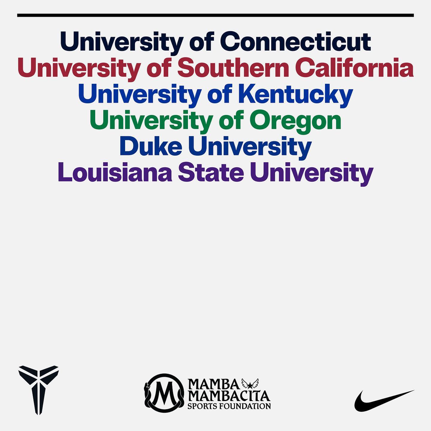 瓦妮莎,Nike,Kobe,NCAA  瓦妮莎官宣！这些大学将被「曼巴基金会」赞助！