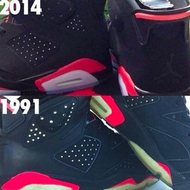 384664-023,AJ6,Air Jordan 6 384664-023 AJ6黑红 Air Jordan 6 ＂Black Infrared＂ 2014 款与老款对比图片