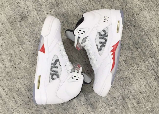 AJ5,Air Jordan 5,Supreme AJ5联名 Supreme x Air Jordan 5 “White” 实物近赏