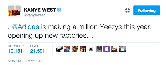 Kanye West,Yeezy  侃爷说今年要生产 100 万双 adidas Yeezy Boost！