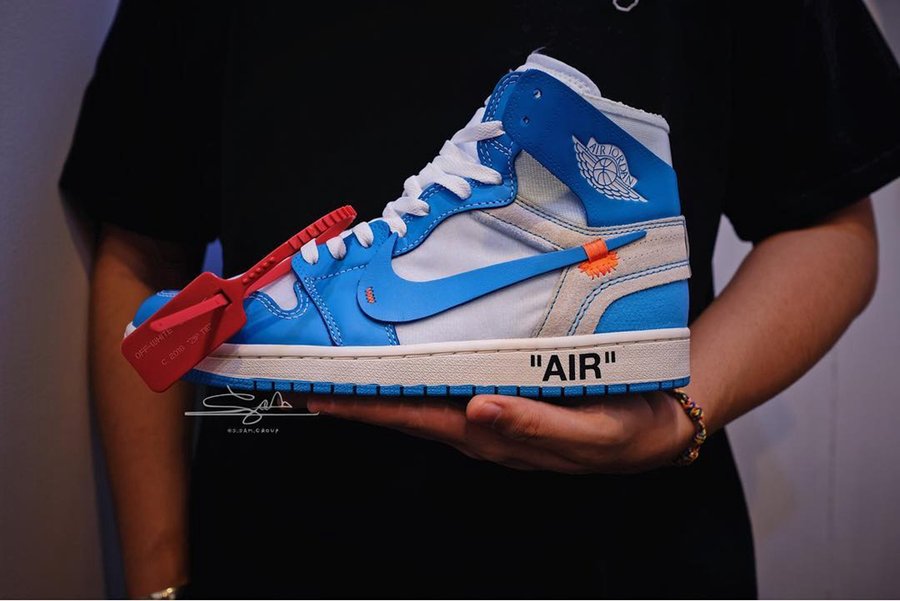 上脚,OFF-WHITE,Air Jordan 1,UNC,  实物细节抢先看！OFF-WHITE x AJ1 上脚效果如何？