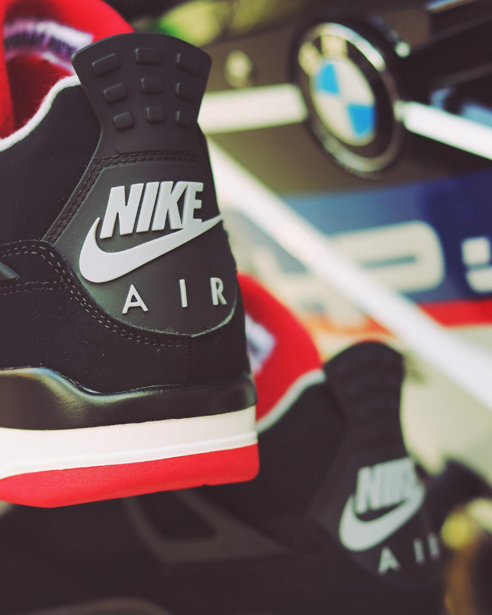 Air Jordan 4,AJ4,上脚,Bred,30849  还是元年 Logo 看着舒服！黑红 Air Jordan 4 上脚图首次曝光！