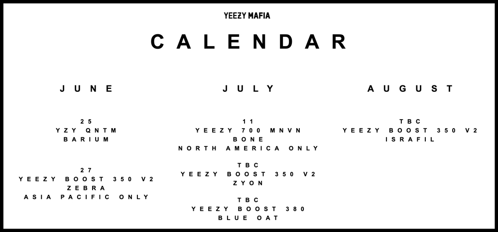 Yeezy,Yeezy 350,Yeezy 380,Yeez  钱包顶不住！一张图看懂 Yeezy 未来三月发售计划！